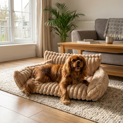 Dog on sofa bed in home